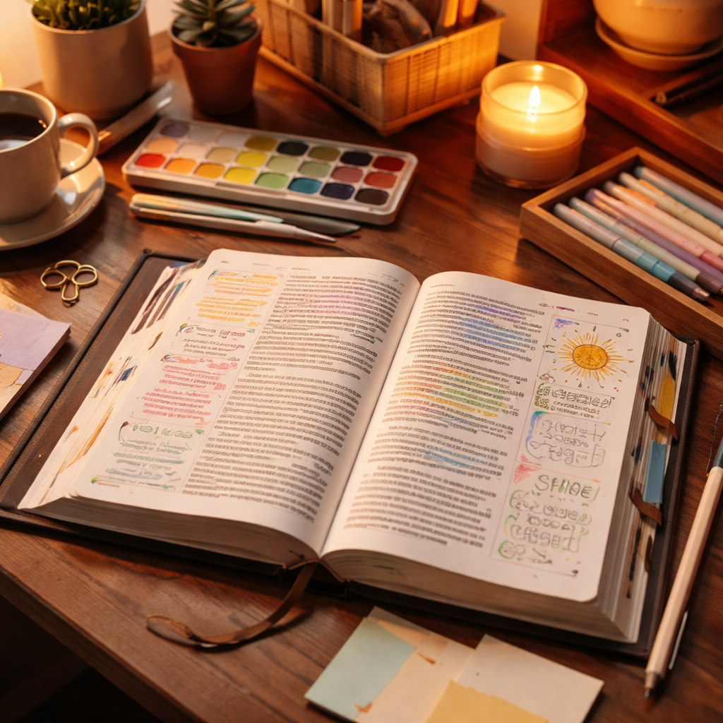 A Cinematic image showing a cozy desk setup for bible journaling—open Bible with margin notes, a small color-coded palette, a pencil, and a tiny doodle near the verse; Alt: Cinematic bible journaling supplies for beginners in a warm home office.