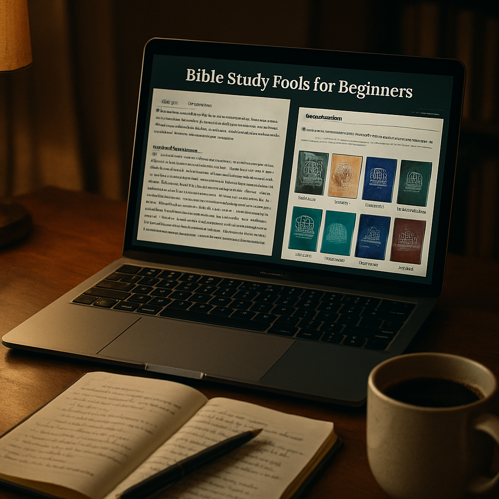 A cozy study space with a laptop open to a Bible study tool, a notebook, and a cup of coffee. Alt: Bible study tools for beginners