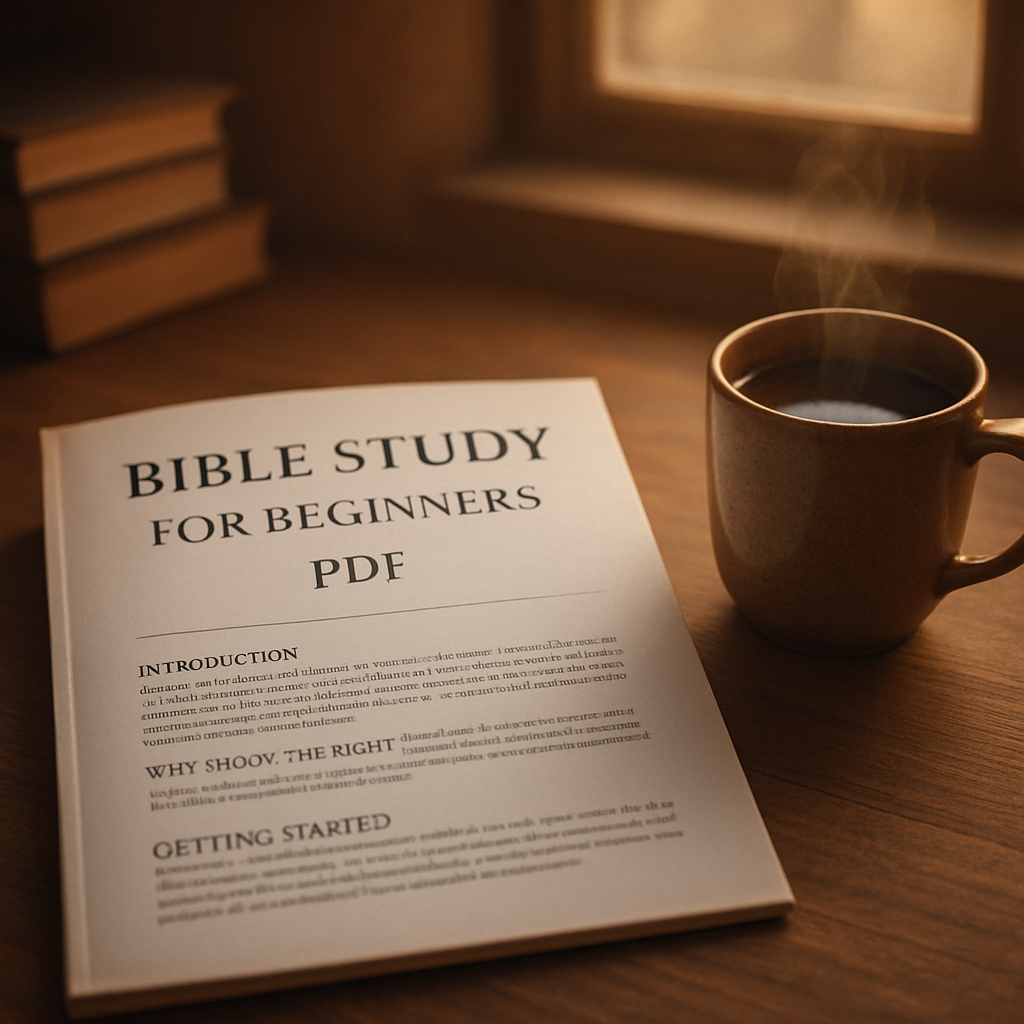 A cozy home desk with a printed bible study for beginners pdf spread open, a steaming mug of coffee, and a soft morning light filtering through a window. Alt: bible study for beginners pdf printable guide on a desk.
