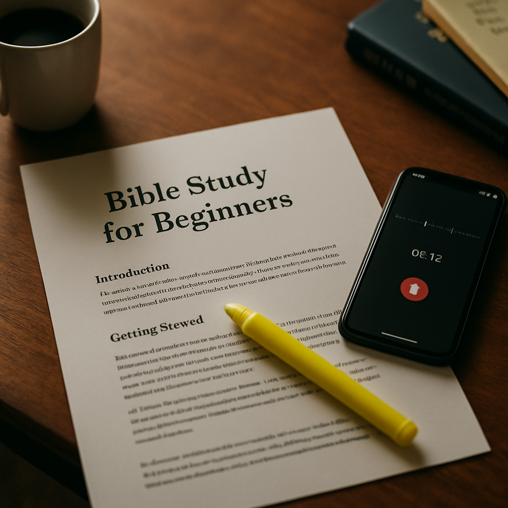 A friendly coffee‑table scene with a printed Bible study PDF, a colored highlighter, and a phone playing a short voice memo. Alt: bible study for beginners pdf coffee table setup