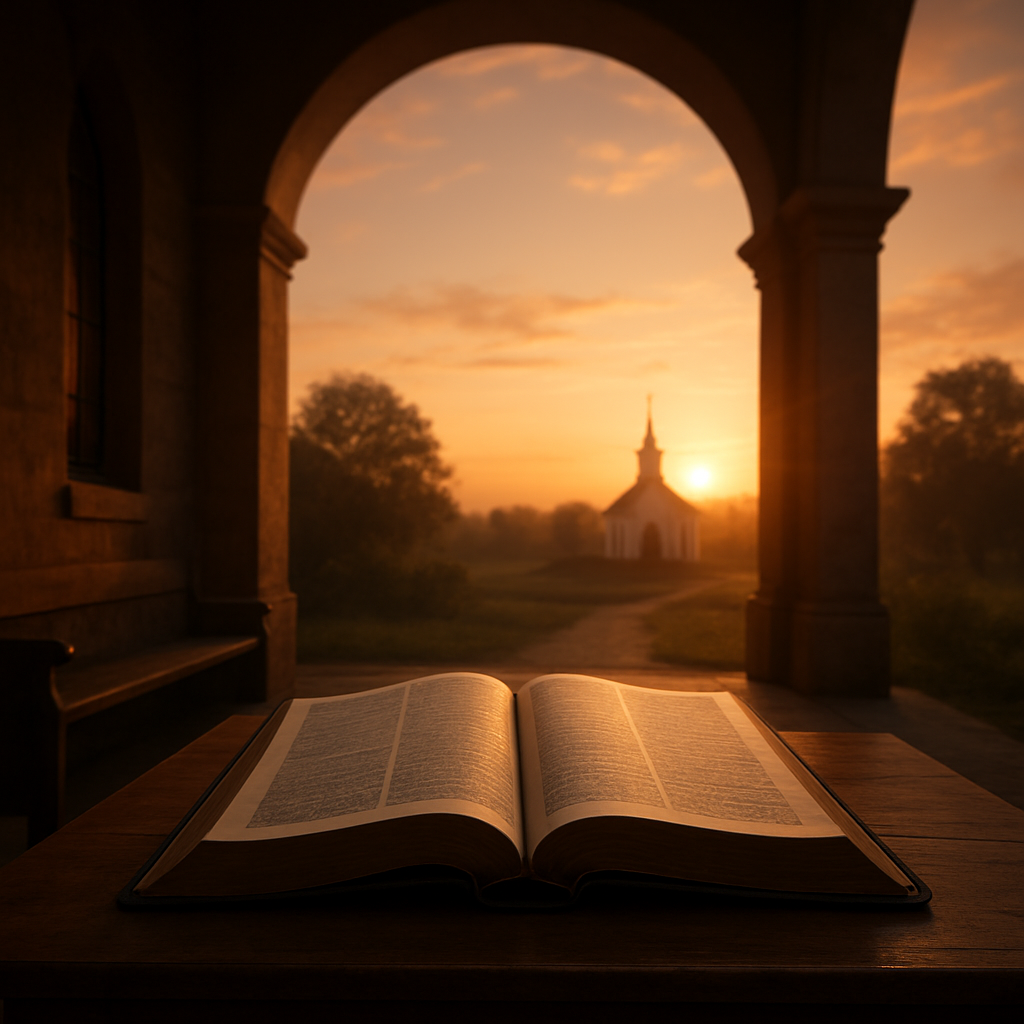 A calm sunrise over a quiet church porch, soft light illuminating a Bible on a wooden table. Alt: Sunrise at church porch with Bible.