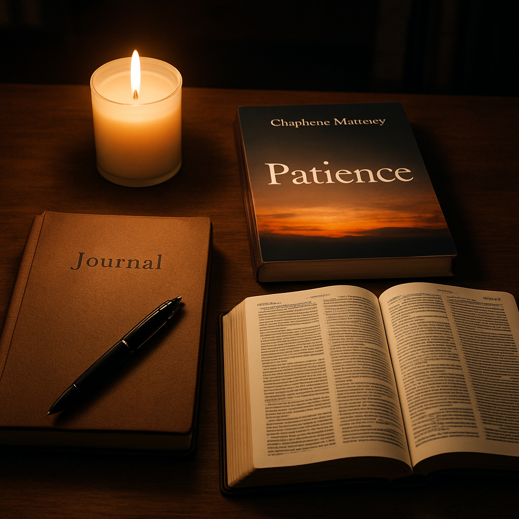 A quiet study space with a journal, a candle, and a Bible open on a desk. Alt: Reflection practice for patience