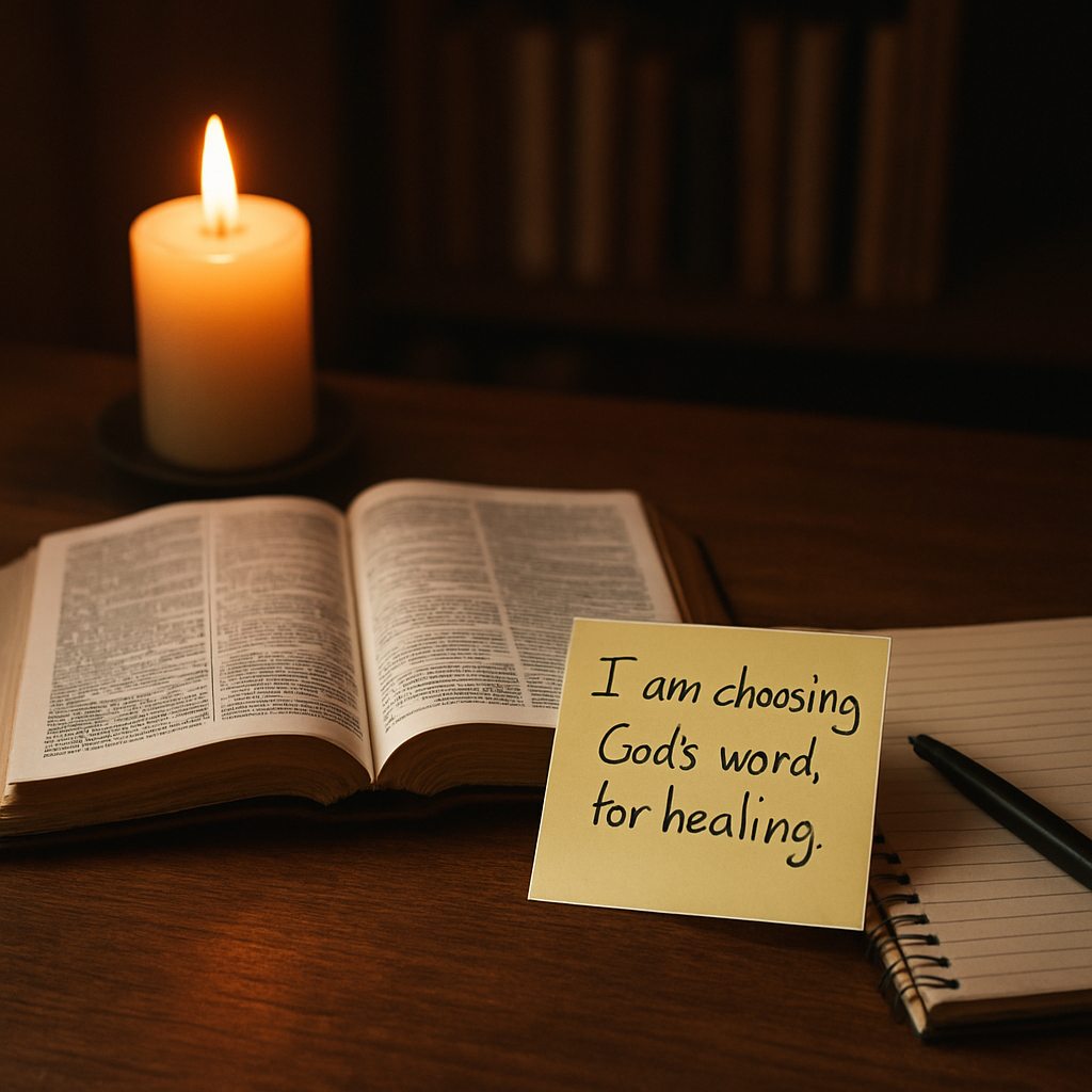 A peaceful study space with an open Bible, a journal, a lit candle, and a sticky note with a personalized affirmation written on it. Alt: Choosing a Scripture for Healing – biblical affirmation workspace