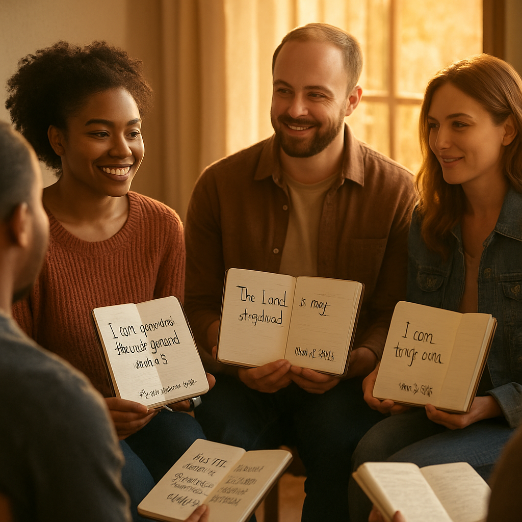 A warm, inviting small group of diverse people sitting in a circle, each holding a notebook with a Bible verse written as a personal affirmation, sunlight streaming through a window. Alt: Christian community sharing biblical affirmations for healing together
