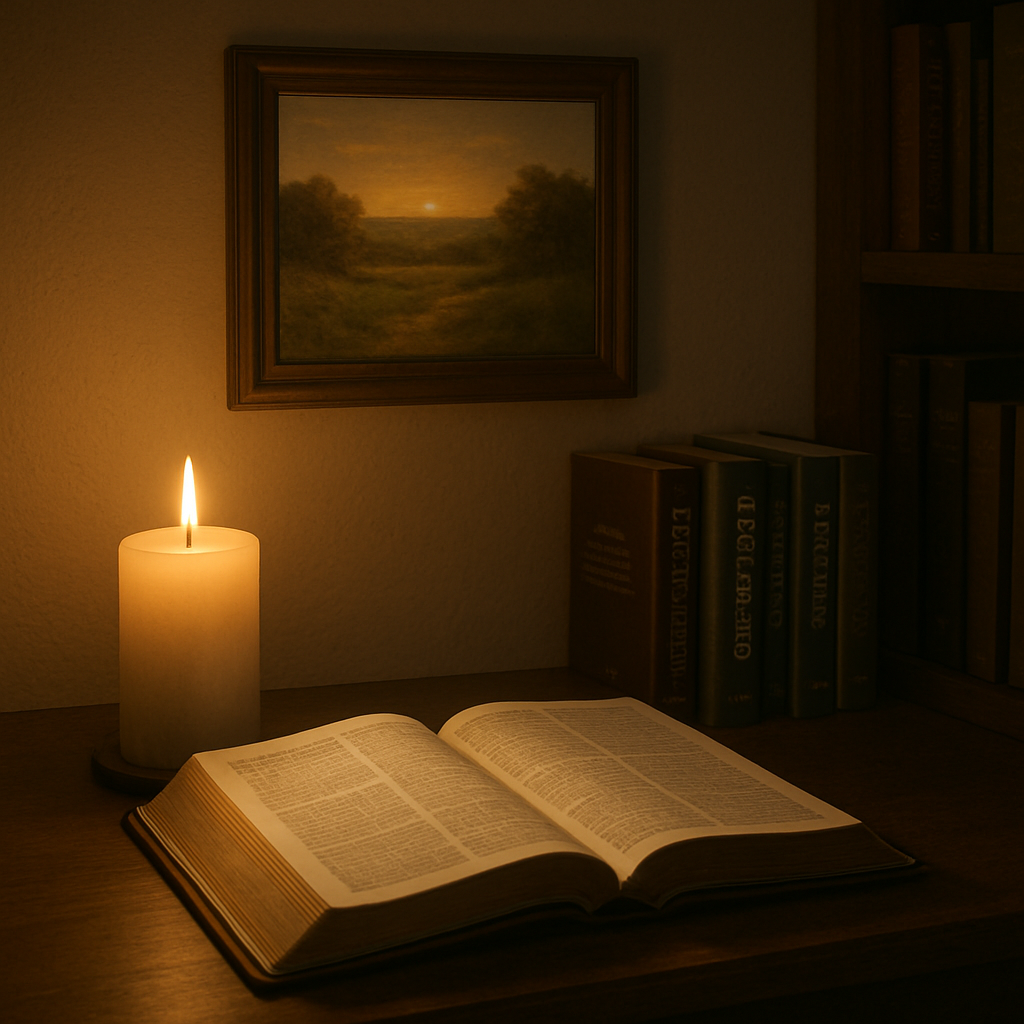 A serene study space with an open Bible, a candle, and a small framed inspirational landscape painting on the wall. Alt: 