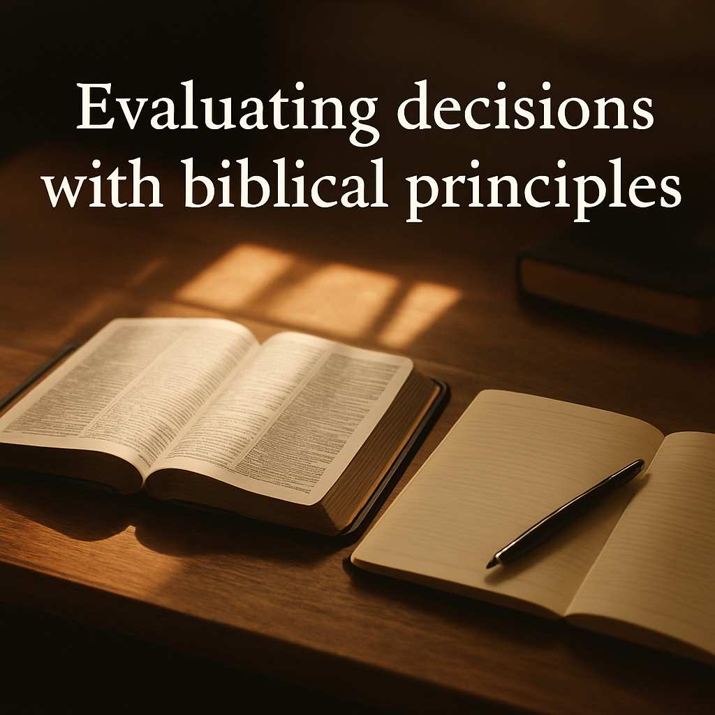 A serene wooden desk with an open Bible, notebook, and a pen, sunlight streaming in, illustrating a person evaluating life choices with Scripture. Alt: Evaluating decisions with biblical principles using a notebook and Bible.