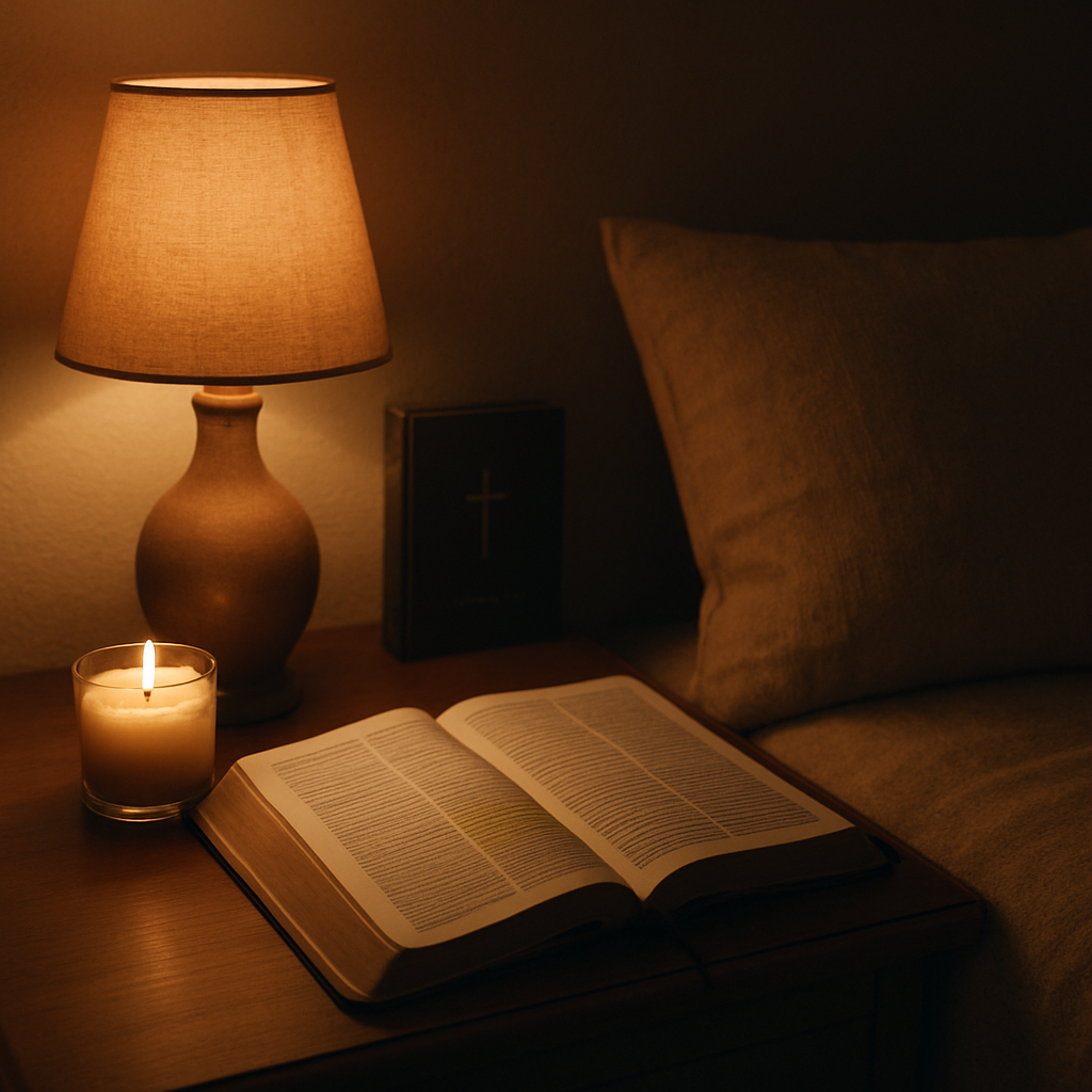 A cozy bedroom corner with a soft lamp, a candle, a Bible open to a highlighted verse, and a plush pillow. Alt: peaceful bedroom space for biblical meditation for sleep.