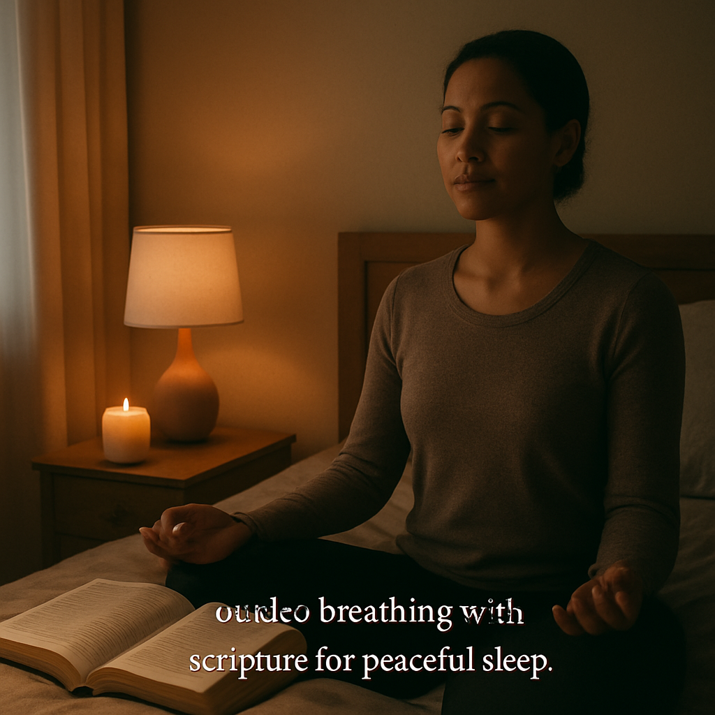 A softly lit bedroom corner with a candle, a Bible opened to a favorite verse, and a person sitting cross‑legged, breathing calmly. Alt: Guided breathing with scripture for peaceful sleep.