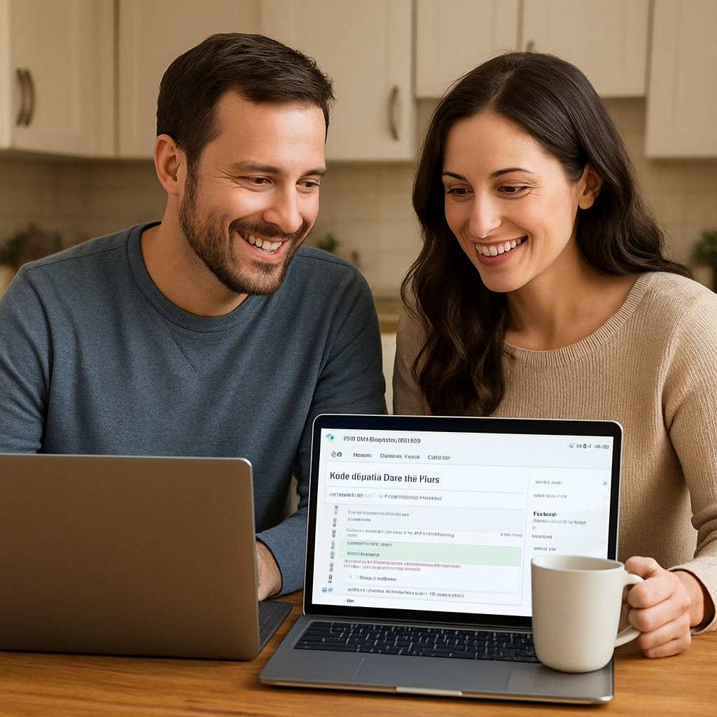 A couple sitting side‑by‑side at a kitchen table, laptops open, reviewing an open‑source pull request together while sharing a coffee. Alt: Open‑source software connection bids illustration.