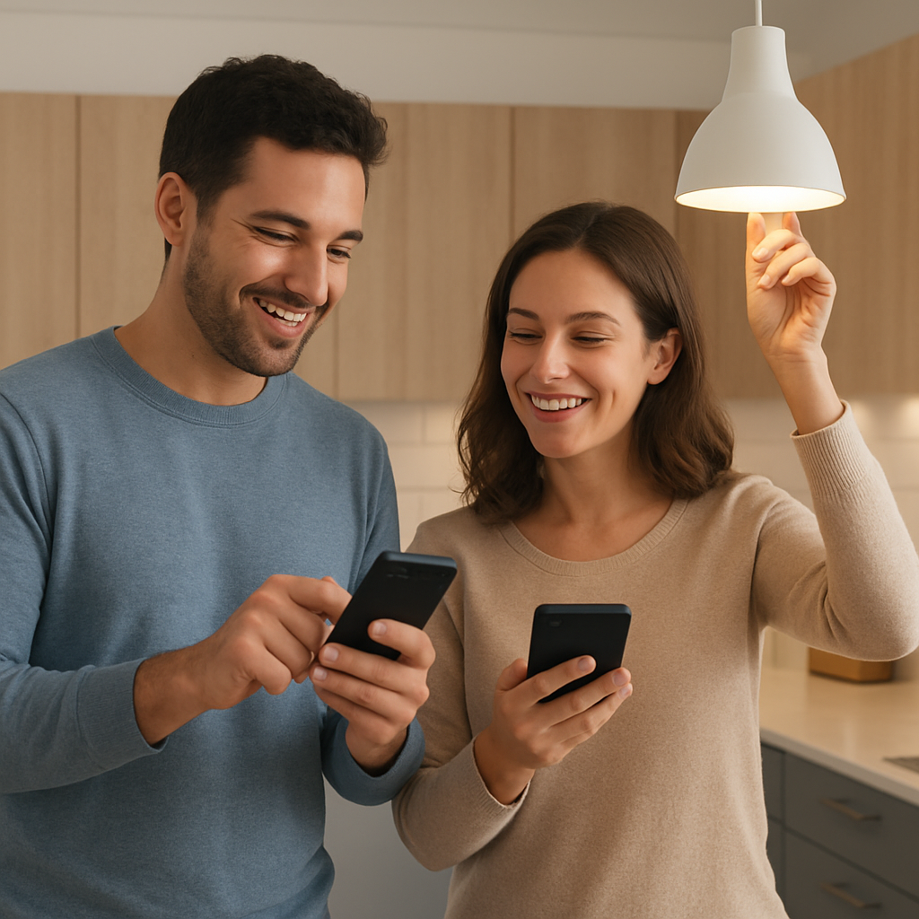 A couple standing in a modern kitchen, each holding a smartphone, smiling as they adjust smart lights together. Alt: IoT device connectivity bids list example showing couples using smart home gadgets to strengthen connection.