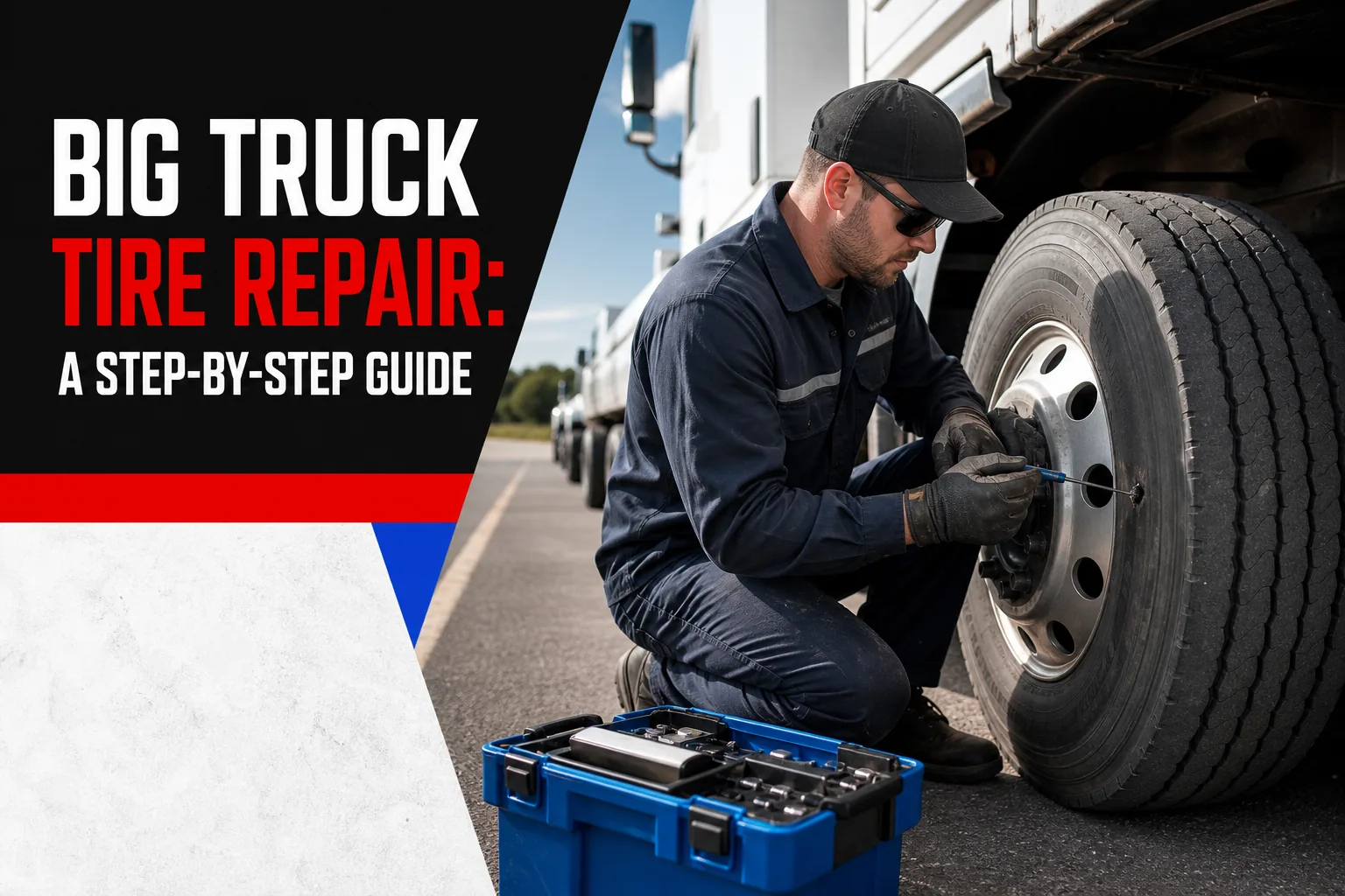 technician inspecting a big truck tire puncture before repair