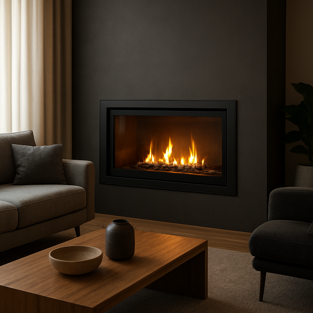 A modern living room with a sleek bioethanol fireplace, warm flames illuminating the space, showing the glass front and subtle heat glow. Alt: bioethanol kamin mit wärmeleistung ohne rauch in einem stilvollen Wohnzimmer