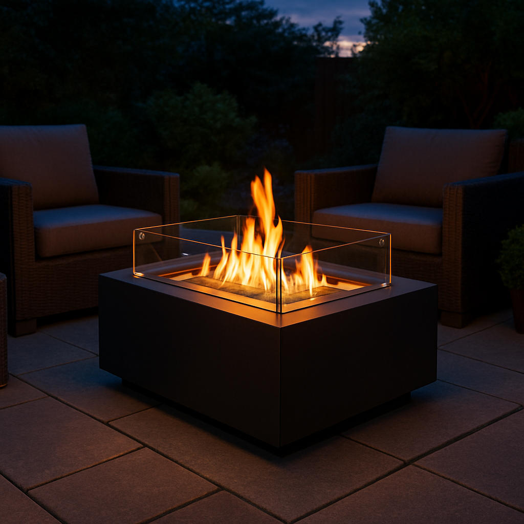 Ein moderner bioethanol kamin outdoor steht auf einer feuerfesten Steinplatte, umgeben von Gartenmöbeln, Abenddämmerung, warme Flammen, klare Sicht auf Sicherheitsabstand, Alt: bioethanol kamin outdoor Installation und Sicherheit