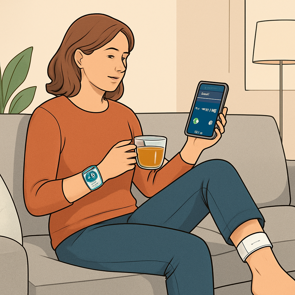 A woman sitting comfortably on a Dutch living room sofa, wearing a Healy device on her wrist and a Maghealy armband on her ankle, sipping herbal tea while looking at a smartphone displaying biofeedback data. Alt: biofeedback training voor stressregulatie thuis geïntegreerd in de dagelijkse routine.