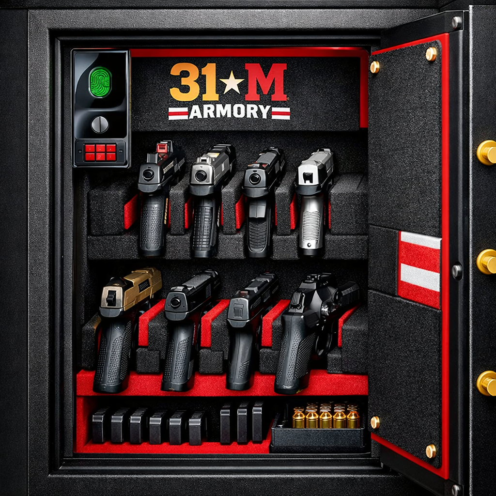 A realistic photo of a sturdy steel gun safe interior with biometric scanner, showing open door with handguns and foam inserts. Alt: biometric gun safe interior, steel, fingerprint scanner.