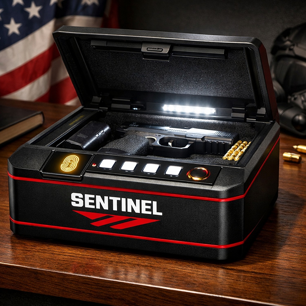 A realistic illustration of a compact biometric gun safe on a desk, showing fingerprint scanner and interior LED light. Alt: Sentinel biometric gun safe on a desk, close‑up.
