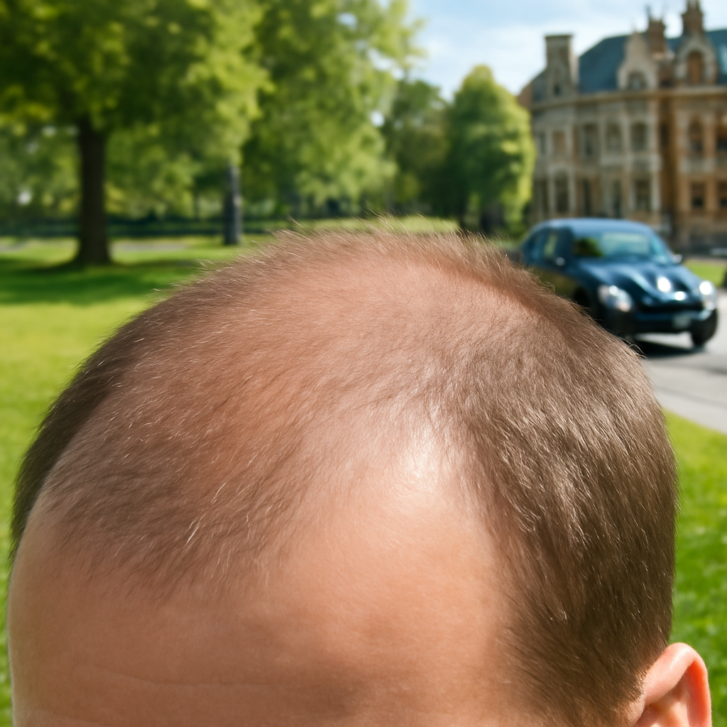 A close‑up of a healthy scalp with visible hair follicles in a sunny park setting. Alt: Healthy scalp close‑up.