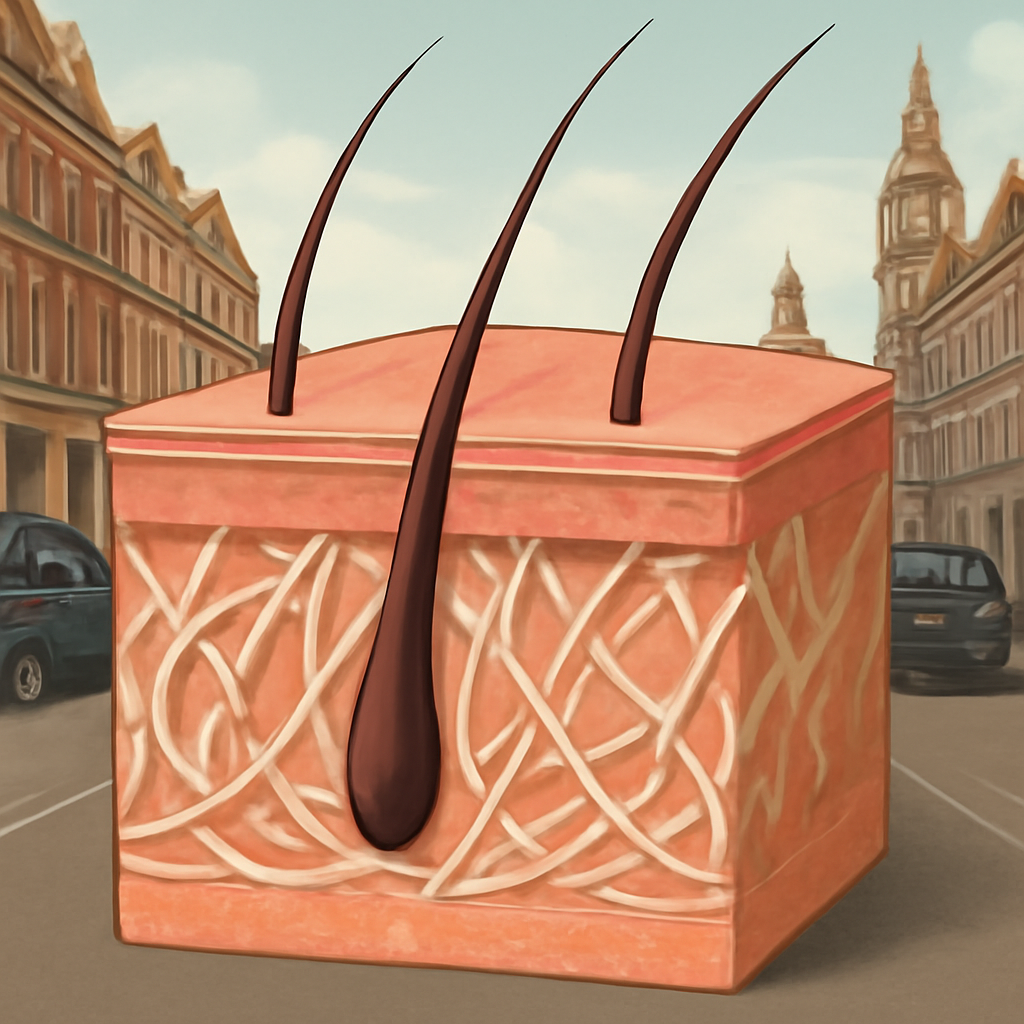 A stylised illustration of the scalp’s dermis layer with collagen fibres surrounding hair follicles. Alt: Collagen fibres supporting hair roots