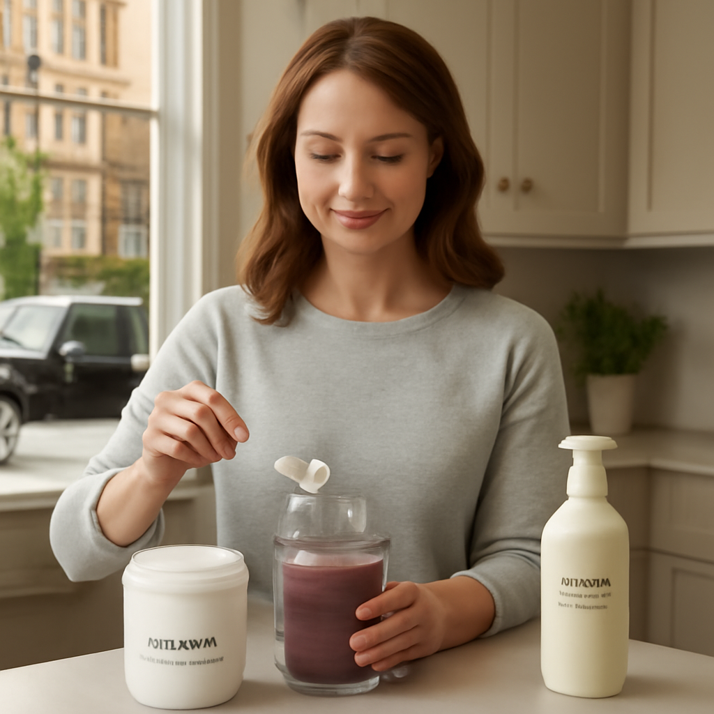 A person mixing a collagen powder into a morning smoothie, with a gentle hair‑care routine on the kitchen counter. Alt: Mixing collagen into a smoothie next to a gentle shampoo bottle.