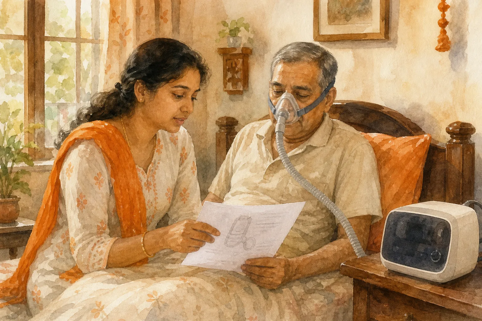 Family caregiver checking a BiPAP prescription at home in India.