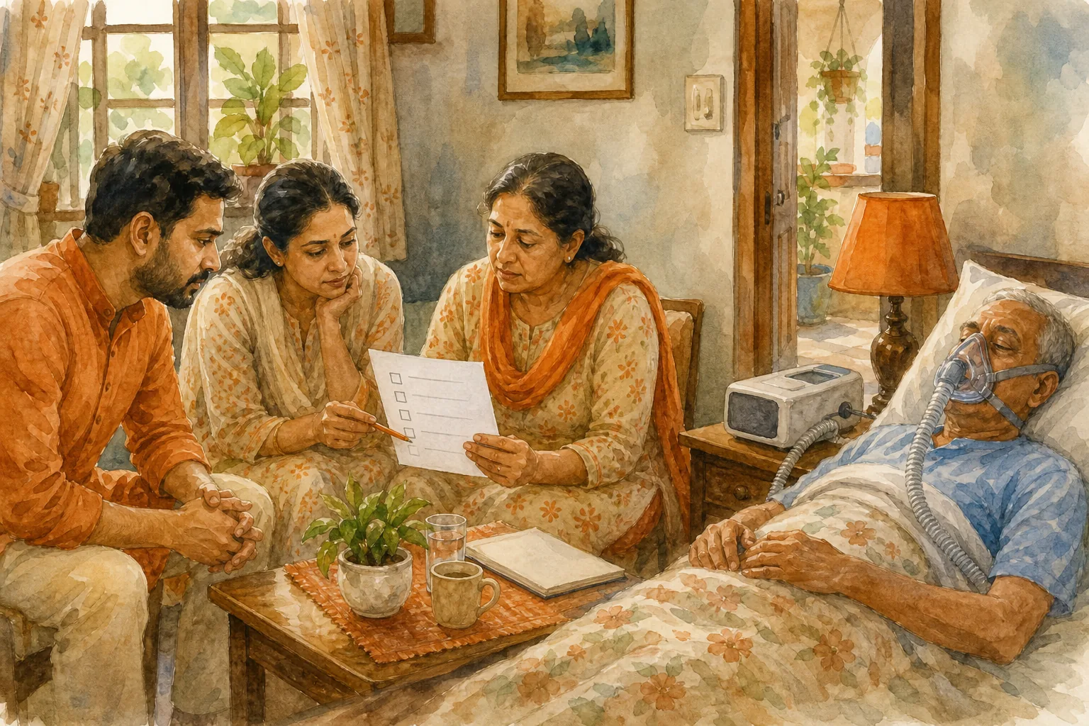 Family in India comparing BiPAP rental and purchase needs at home.