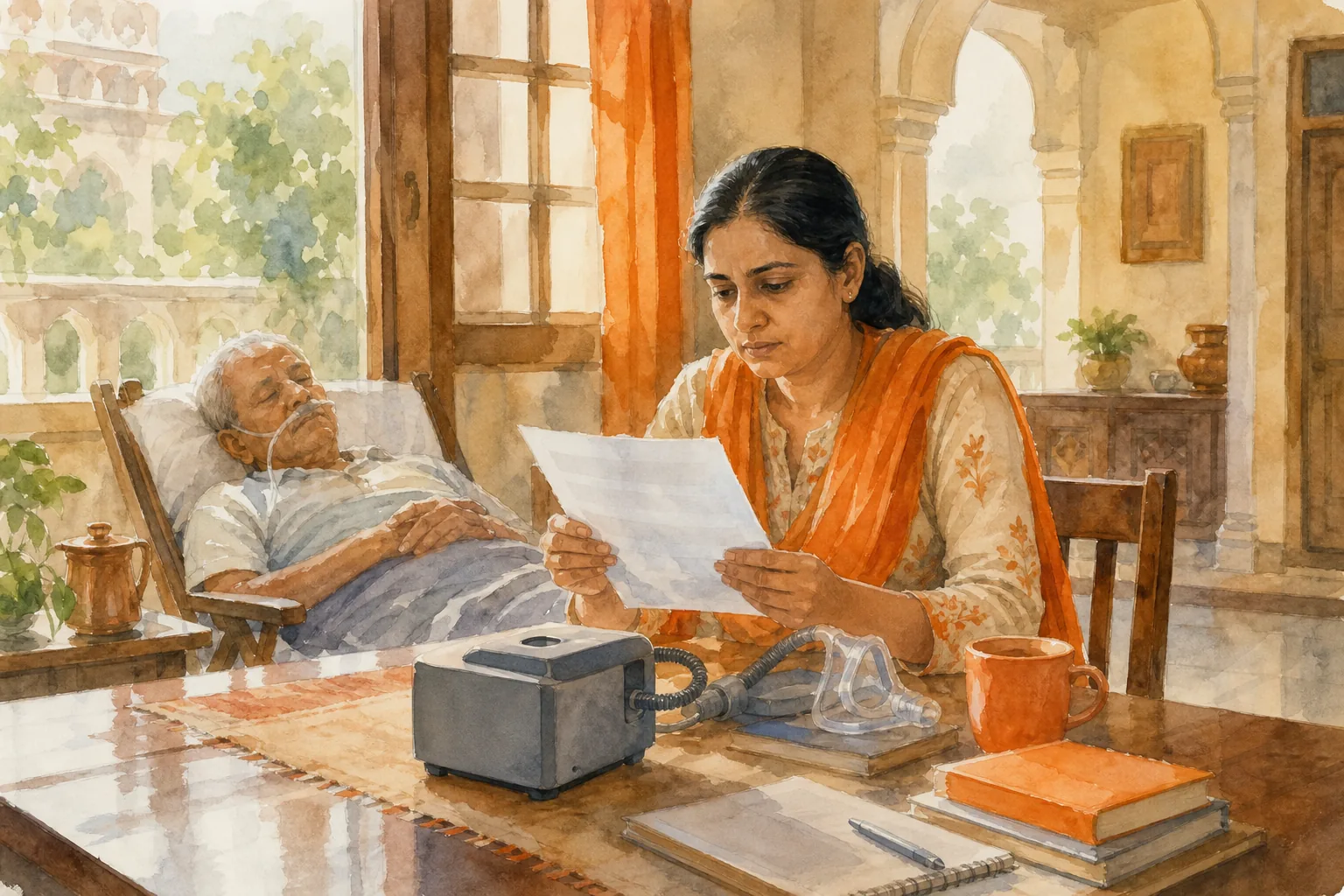caregiver checking a BiPAP prescription before arranging a rental in India.
