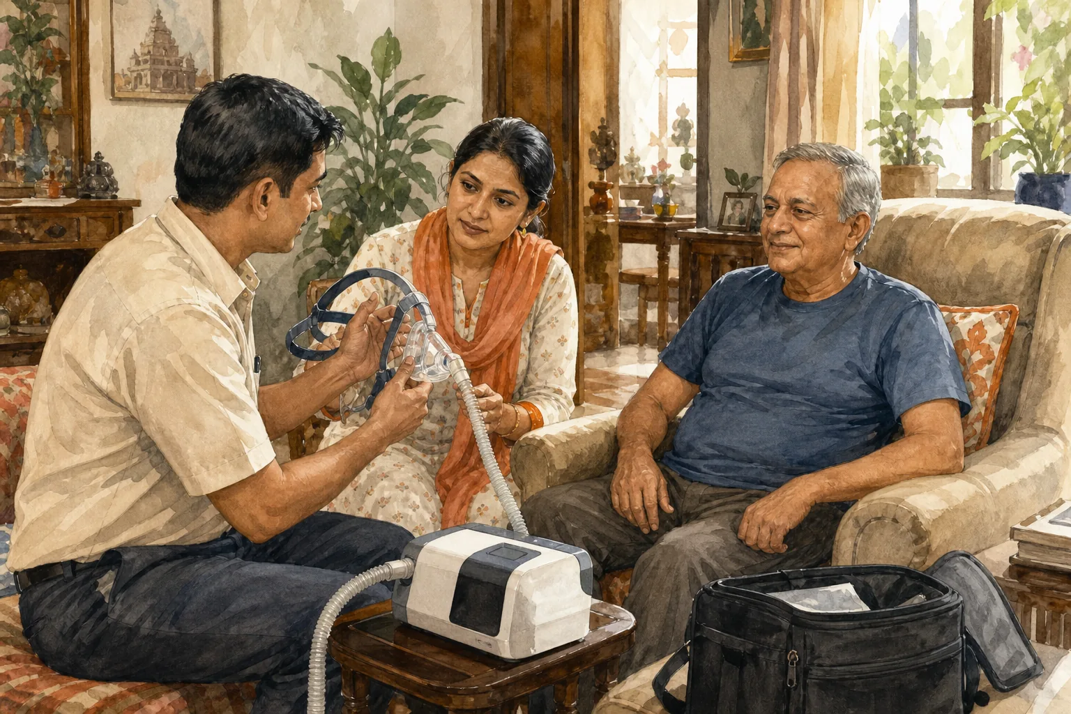 home BiPAP setup and mask fitting during equipment delivery in India.