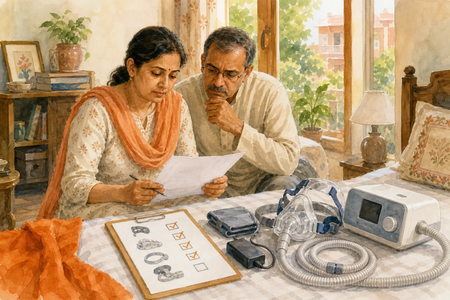 Caregiver checking BiPAP rental costs and included accessories in Delhi.