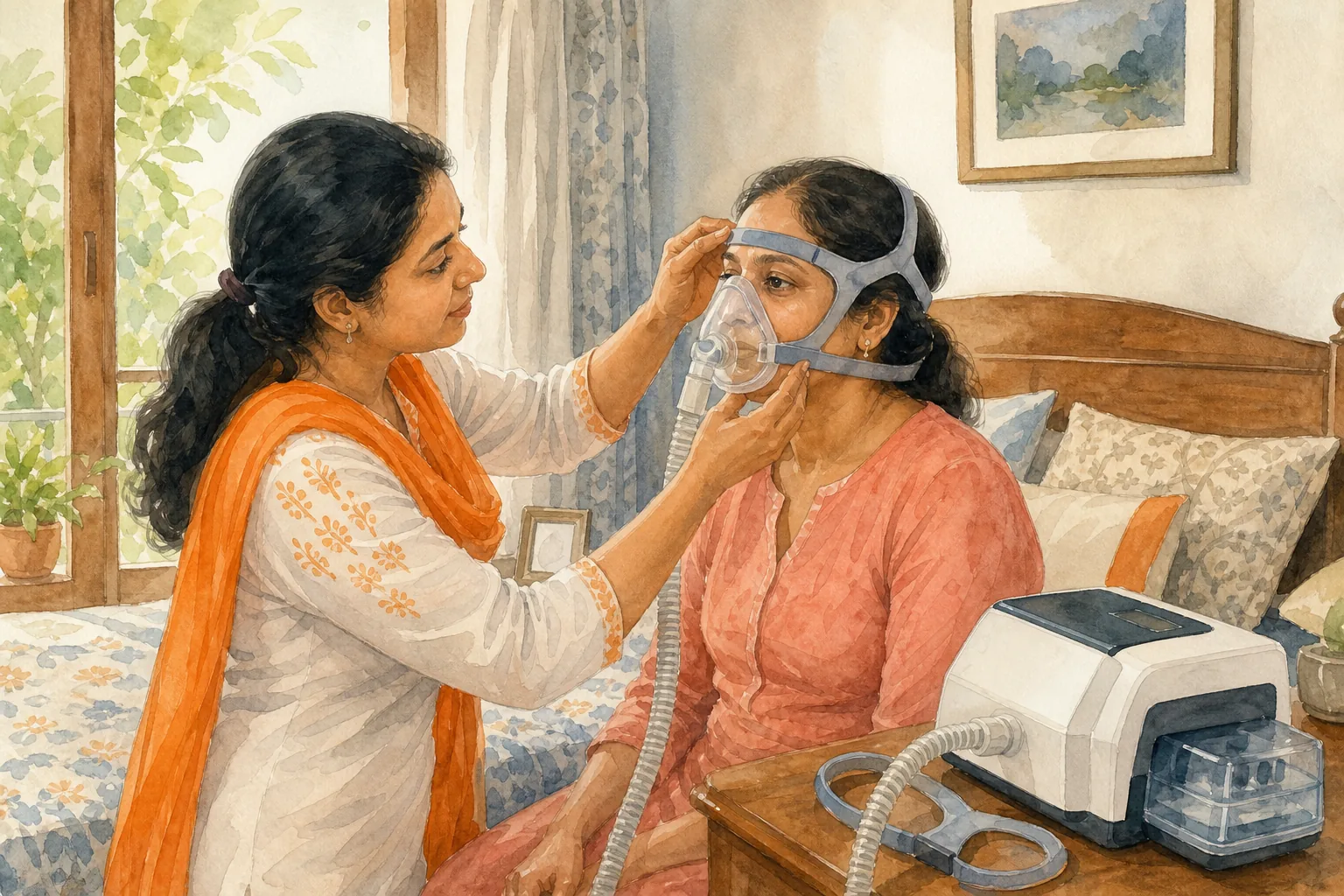 Caregiver checking BiPAP mask fit and setup during a home handover in Delhi.