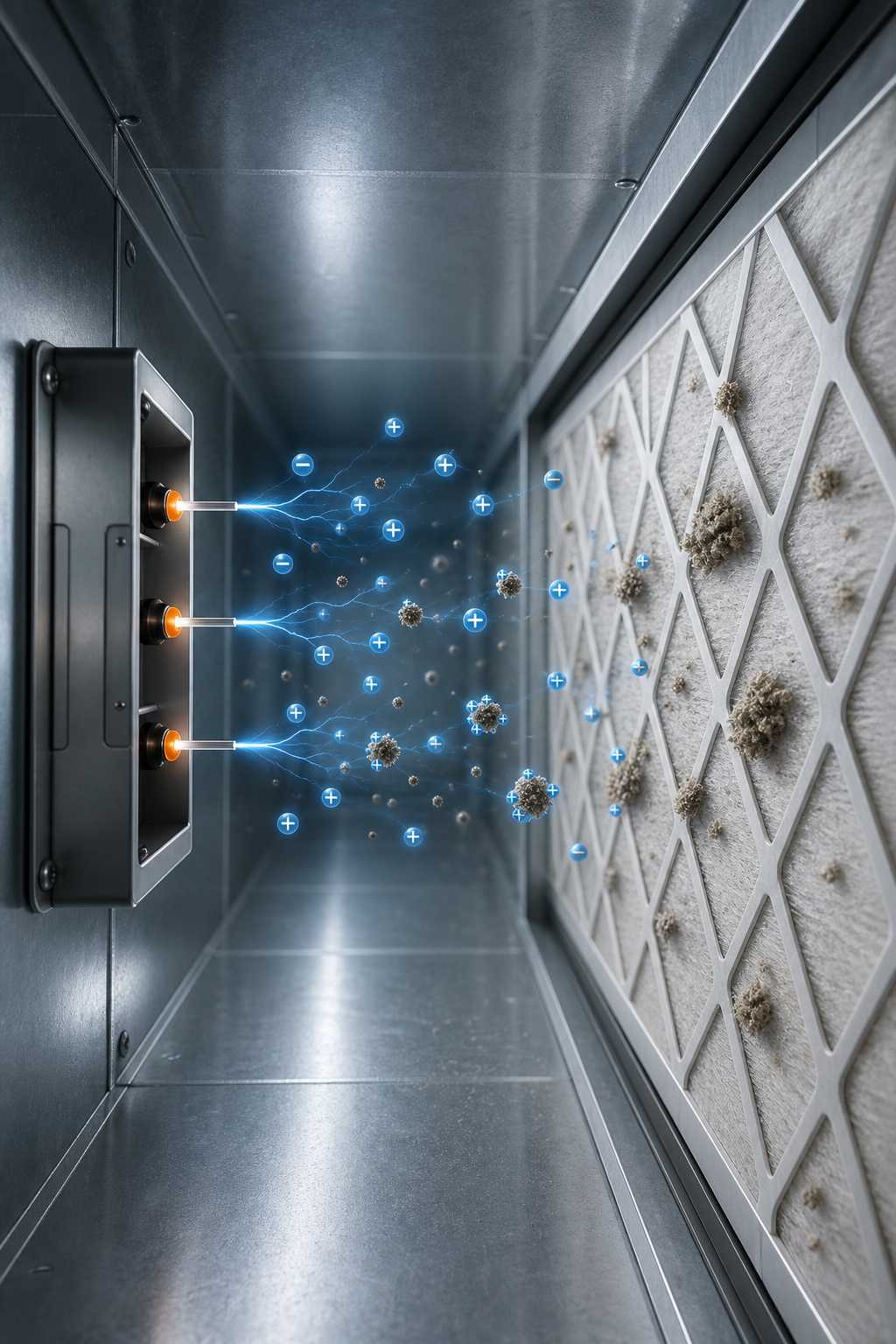 A realistic illustration of a HVAC duct with a needlepoint bipolar ionization module releasing glowing ions that attract dust particles, showing particle agglomeration and filter capture, high detail, natural lighting