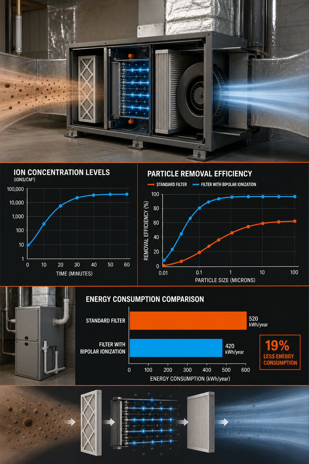 A realistic diagram of an HVAC system showing ion concentration levels, particle removal curves, and energy consumption bars comparing a standard filter versus a filter with bipolar ionization, detailed, clear labeling