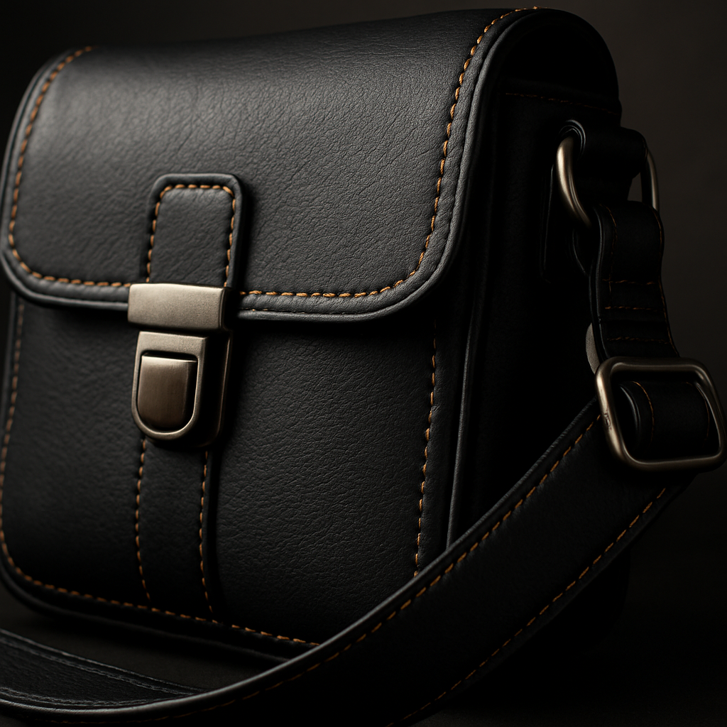 A close‑up of a handcrafted black full‑grain leather crossbody bag, showcasing detailed stitching, brushed metal hardware, and a padded adjustable strap. Alt: black leather crossbody bag designer craftsmanship details.