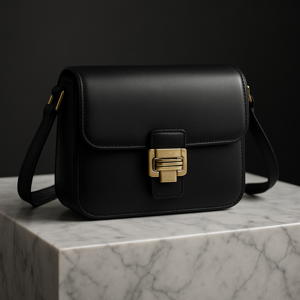 A sleek black leather crossbody bag designer displayed on a marble pedestal, highlighting its craftsmanship and hardware. Alt: black leather crossbody bag designer luxury comparison
