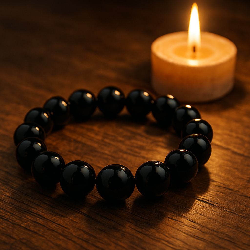 A close‑up of a black obsidian bracelet lying on a wooden table beside a lit candle, highlighting its glossy surface and deep black hue. Alt: black obsidian bracelet meaning, grounding gemstone jewellery