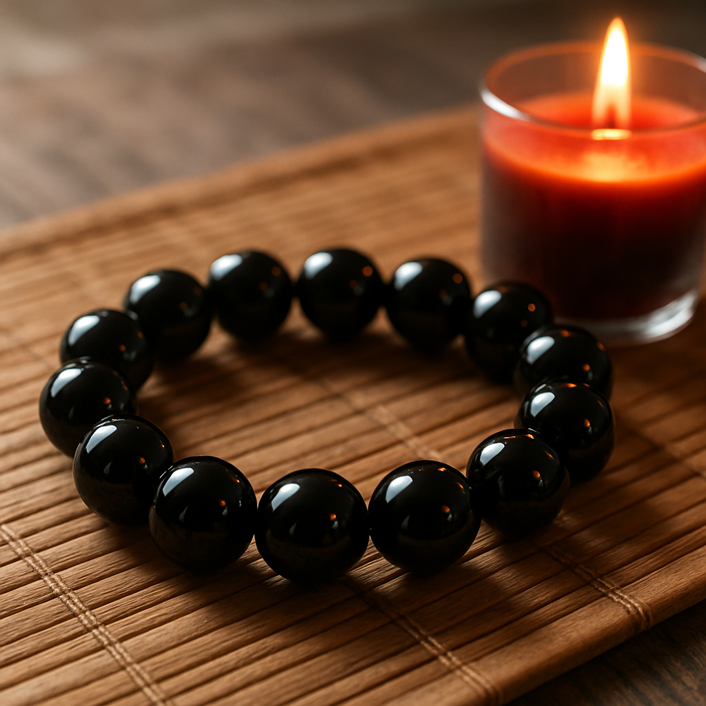 A close‑up of a black obsidian bracelet lying on a wooden meditation mat, soft daylight highlighting the glossy surface and the subtle red glow of a candle beside it. Alt: Black obsidian bracelet meaning – grounding and truth‑seeking stone on a calm setting.