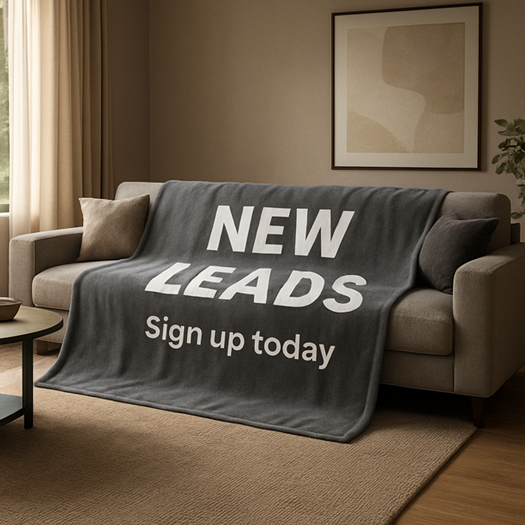 A modern living room with a custom‑sized blanket draped over a large sectional sofa, showing generous overhang on both sides and a cozy foot. Alt: custom blanket sizes for sofa and patio, showcasing perfect drape and fit.