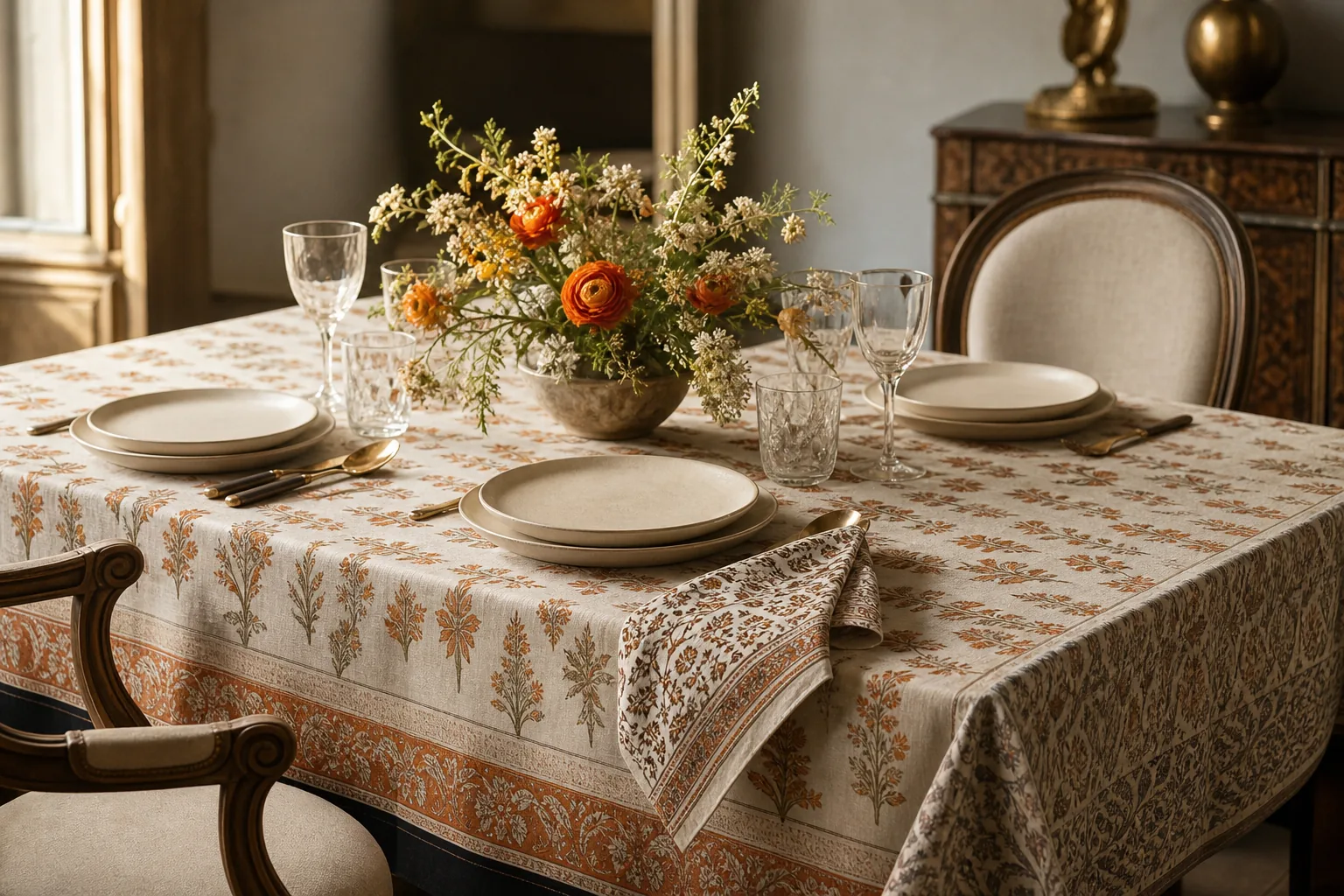 block print tablecloth styled on an elegant dining table with simple tableware.