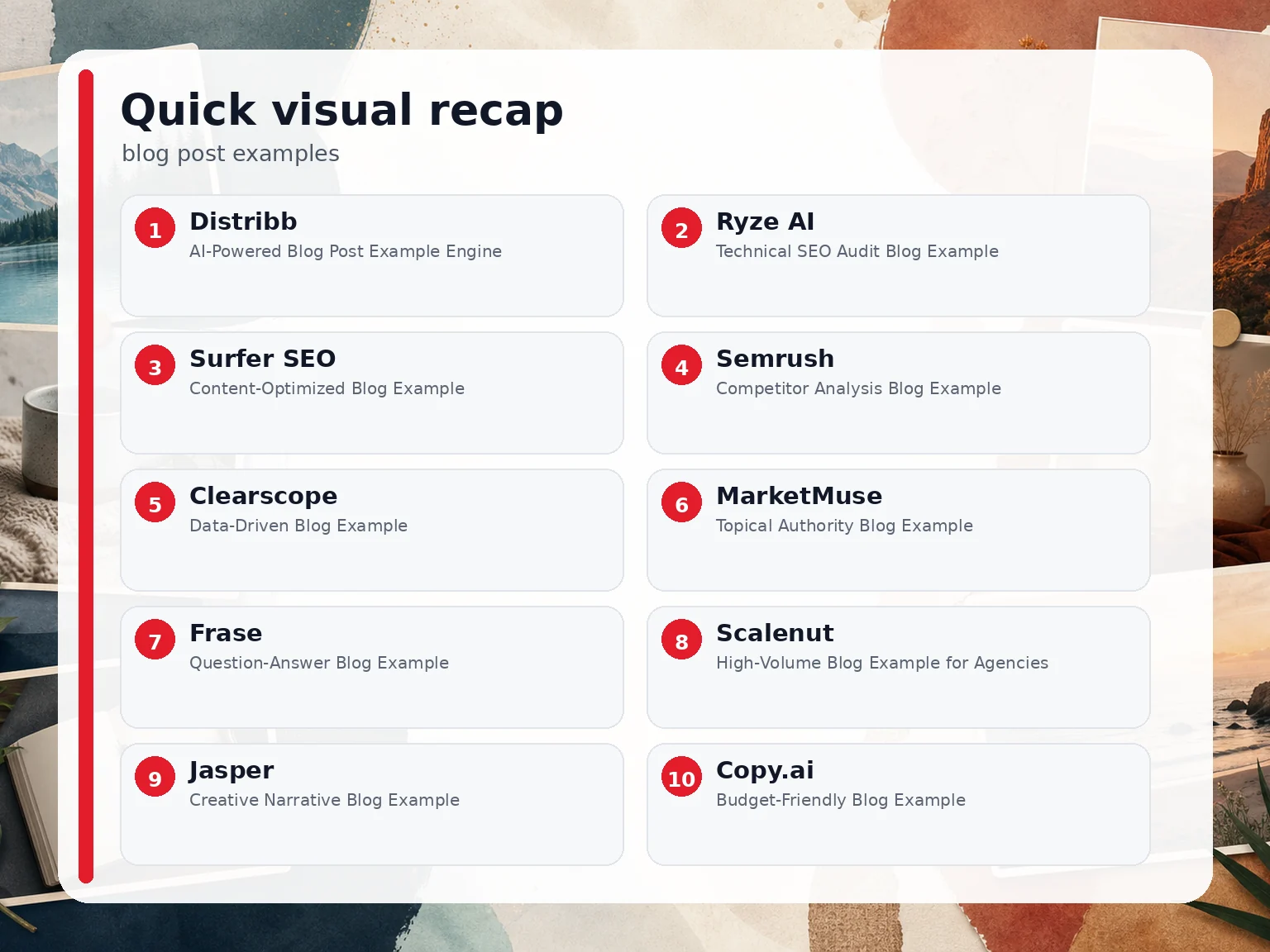 Visual summary of the options compared for blog post examples