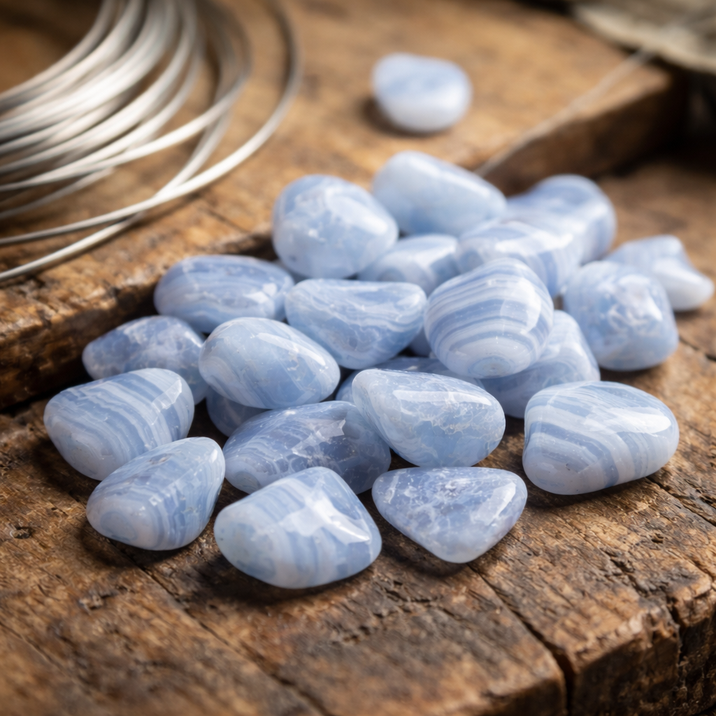 A photorealistic close‑up of blue lace agate chips showing delicate pale‑blue lace‑like bands, lying on a wooden jeweller’s workbench beside a silver wire, with soft natural light – Alt: blue lace agate physical characteristics and source