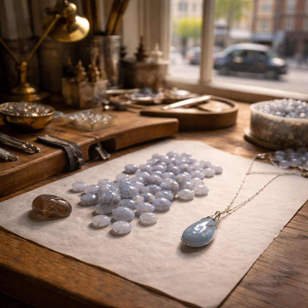 A photorealistic British jewellery studio scene: a workbench with soft daylight, blue lace agate chips arranged neatly on parchment, a smoky quartz pebble nearby, and a delicate pendant catching the light. Alt: Blue lace agate meaning in daily life — calm communication energy in a UK jewellery studio.