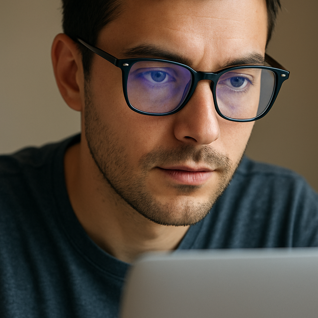 A close-up of a person wearing stylish blue light blocking prescription glasses while working on a laptop, showing the subtle tint on the lenses. Alt: blue light blocking prescription glasses protecting eyes