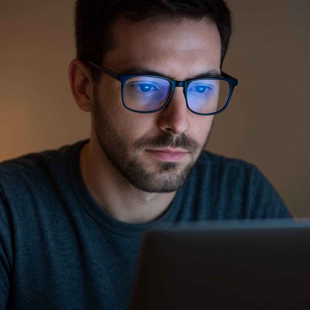 A close‑up of a person wearing blue light blocking prescription glasses while working on a laptop, with a soft glow of a screen highlighting the lenses. Alt: blue light blocking prescription glasses improve comfort during screen time