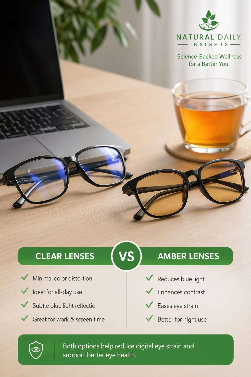 A photorealistic close-up of two pairs of glasses side by side: one with clear lenses showing a subtle blue reflection, and one with amber-tinted lenses on a desk next to a laptop and a cup of tea. Alt: Clear vs amber blue light lens comparison.