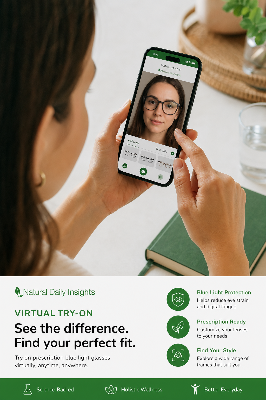 A photorealistic scene of a person using a smartphone to virtually try on eyeglasses, with the phone screen showing a face with different frame styles overlaid. Alt: Virtual try-on for prescription blue light glasses.
