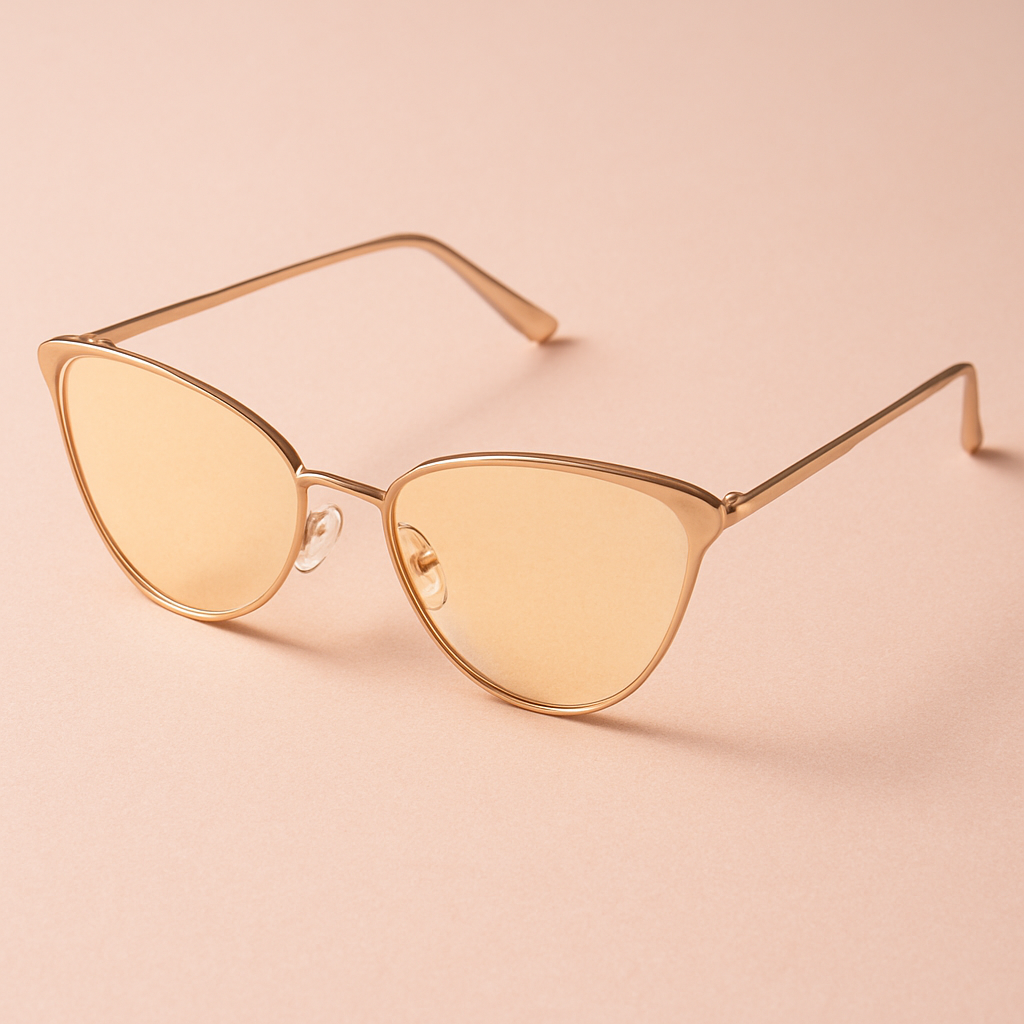 A sleek pair of lightweight cat‑eye blue‑light reading glasses on a pastel background, showing the delicate frame and warm‑tinted lenses. Alt: lightweight cat‑eye blue light reading glasses for women