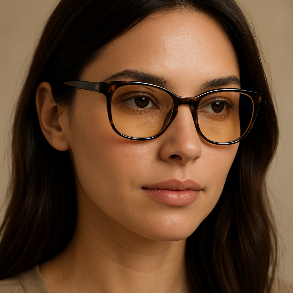 A close‑up of a woman wearing premium designer blue light reading glasses, showcasing sleek acetate frames and a subtle amber tint on the lenses. Alt: premium designer blue light reading glasses for women