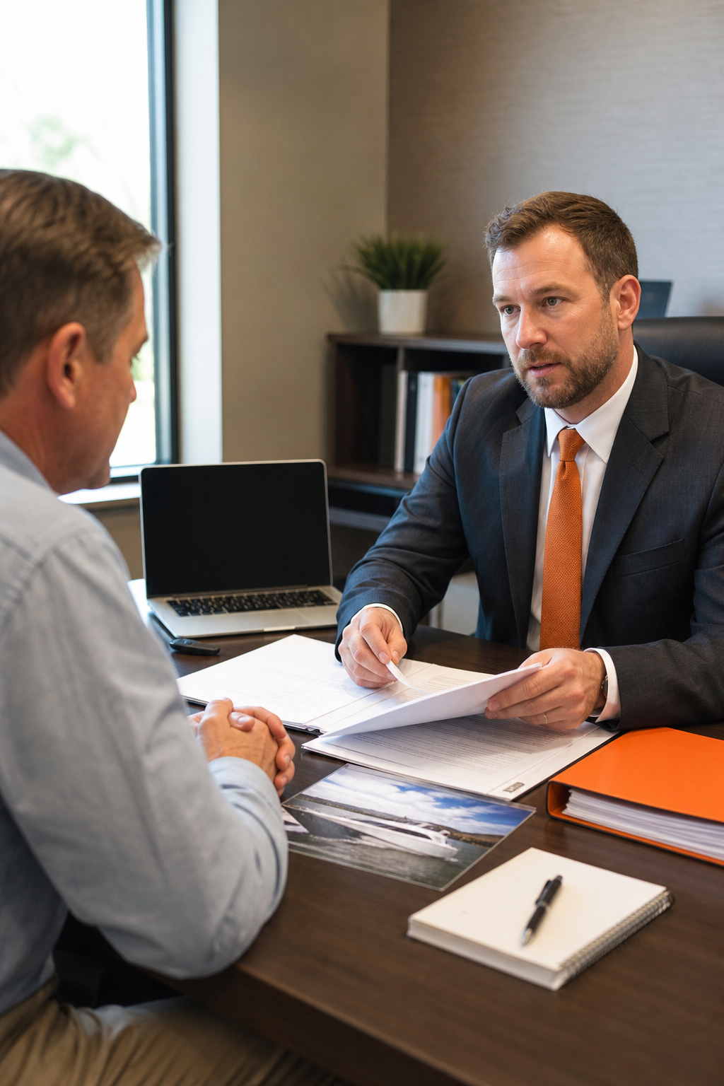 A photorealistic office scene where a client sits across from a lawyer at a desk, paperwork spread out, and a laptop showing a legal portal. Alt: boat accident lawyer consultation in a professional setting