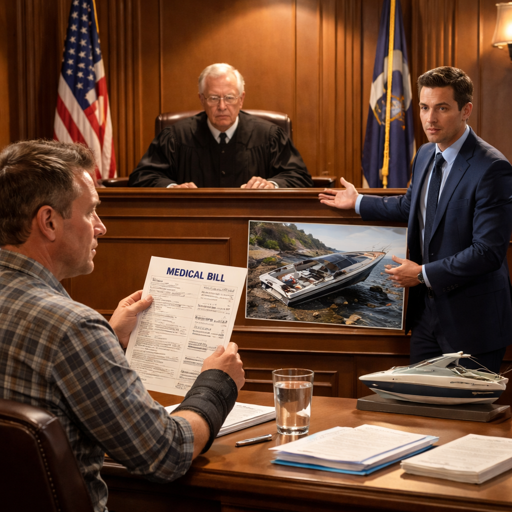 A photorealistic illustration of a courtroom scene with a judge, a plaintiff holding a medical bill, and a lawyer presenting evidence. Alt: evaluating compensation options after a boat accident