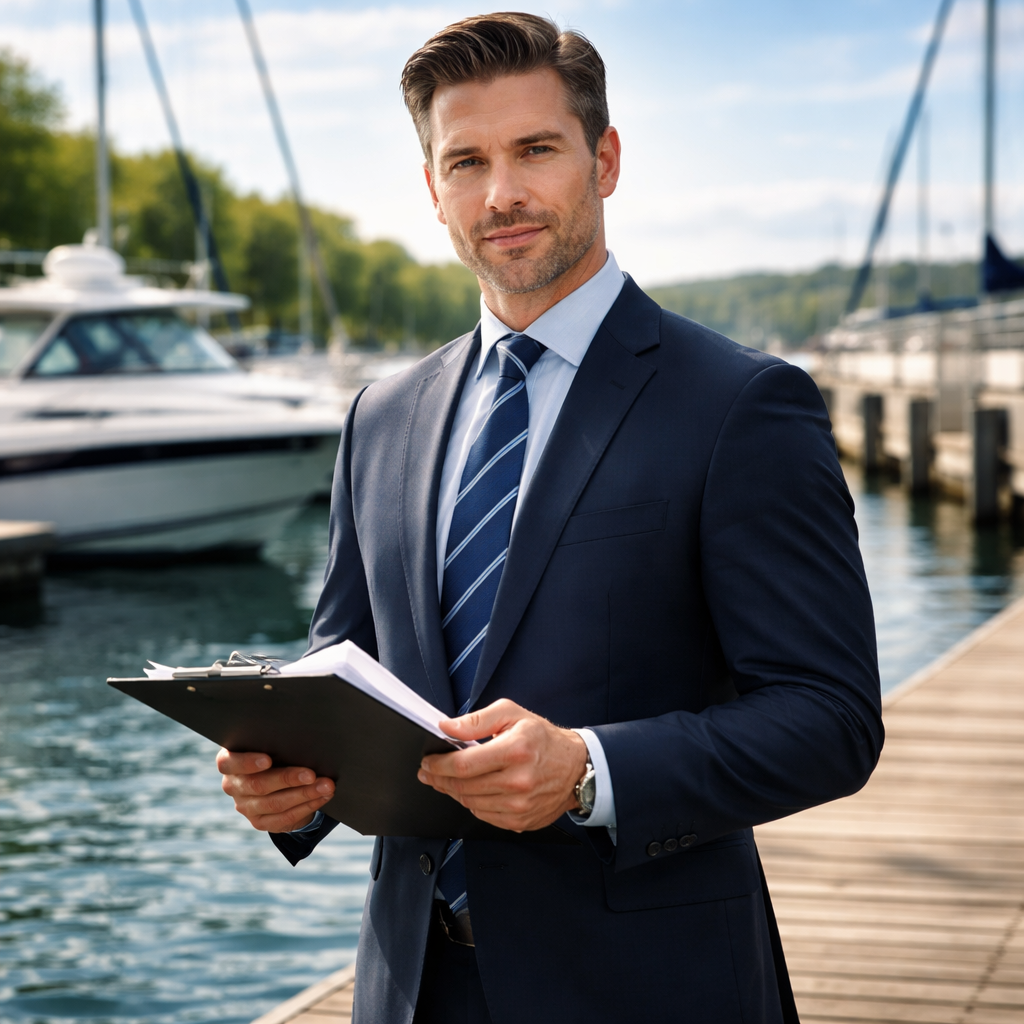 A photorealistic portrait of a confident attorney in a navy suit standing beside a dock, holding a clipboard with legal papers. Alt: choosing a boating accident attorney