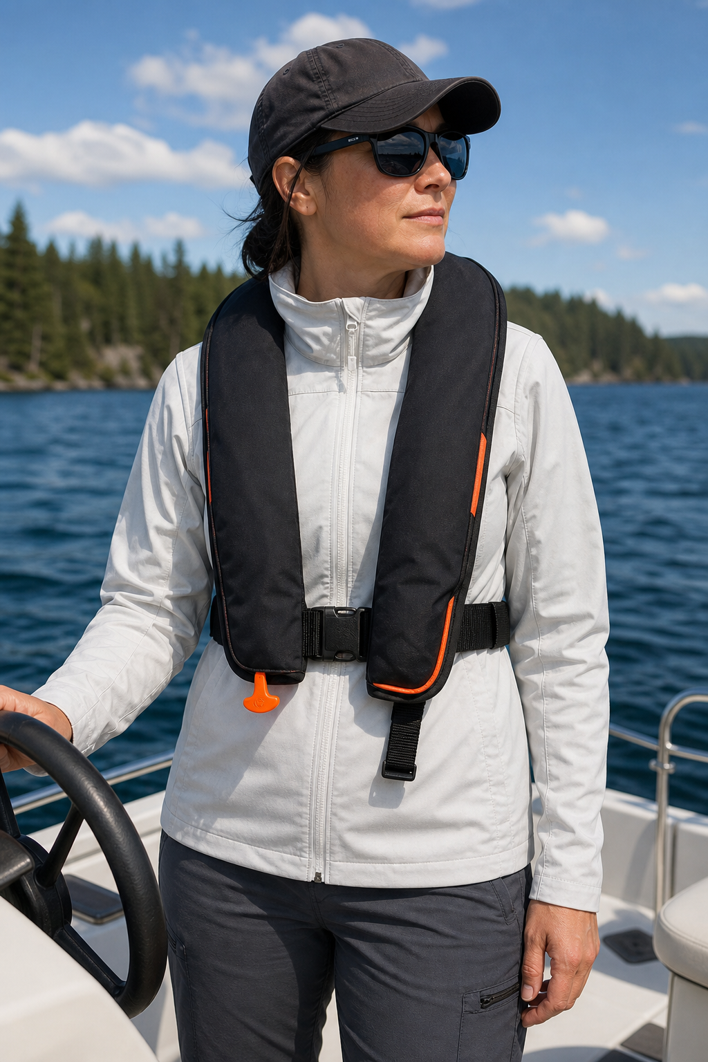 A photorealistic image of a person wearing a Mustang Survival inflatable life jacket while standing on a boat deck, with a lake in the background. Alt: Mustang Survival inflatable life jacket for boating safety.